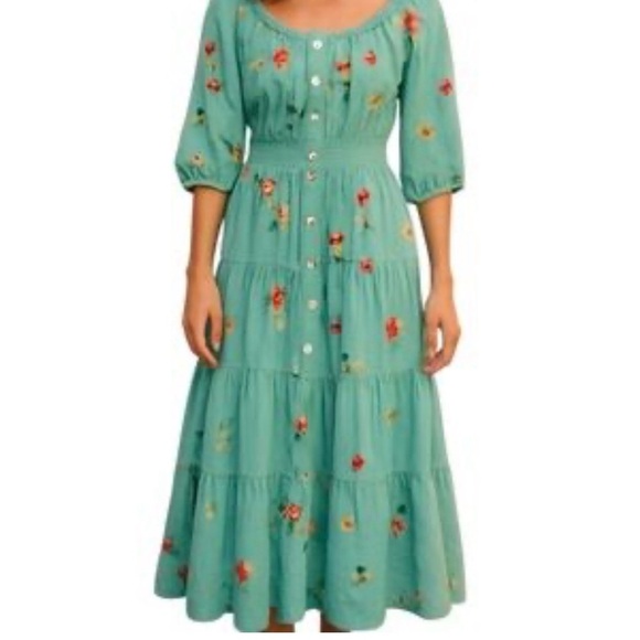 Anthropologie Dresses & Skirts - Anthropologie Fig and Flower Aqua Floral Embroidered Maxi Dress Button Front